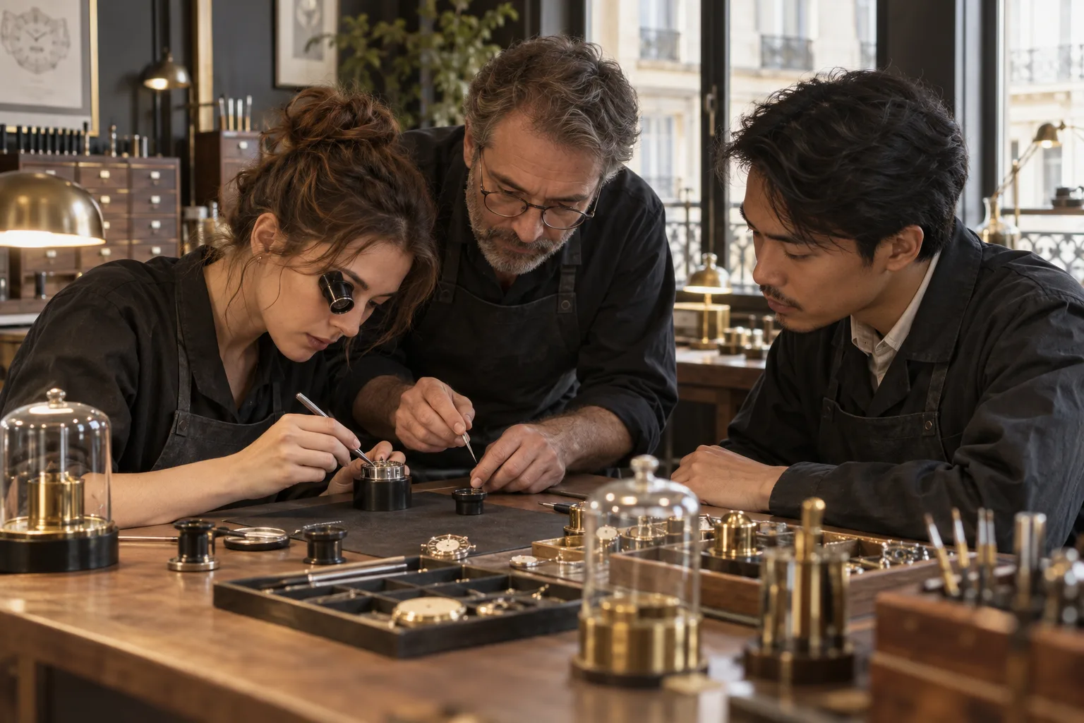 Trois horlogers examinant ensemble un mouvement mécanique dans un atelier soigné