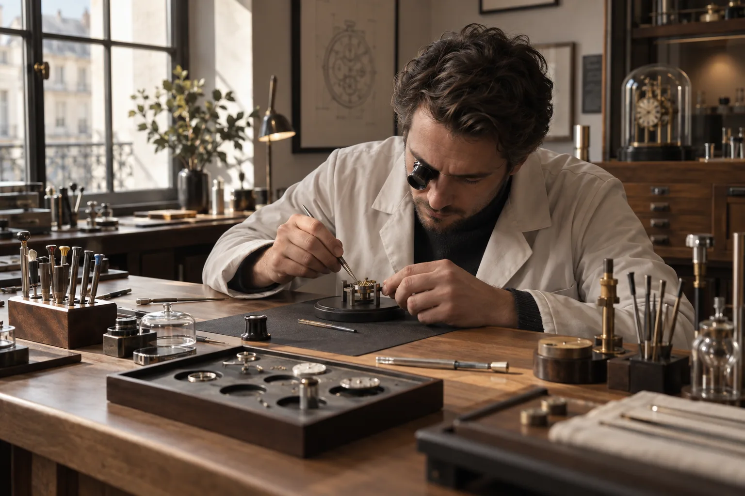 Horloger assemblant avec précision un mouvement mécanique dans son atelier